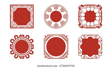 Conjunto de vetores de moldura geométrica do leste asiático com cantos de onda, motivo de nuvem, medalhão de sol, modelos de borda vintage para marca, convite, papelaria