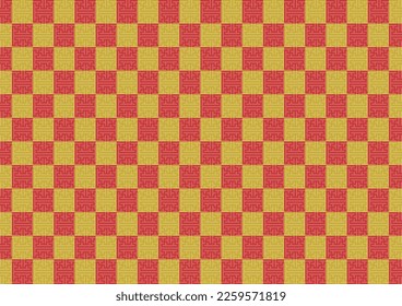 East Asian seamless traditional pattern. Red and gold plaid. Vector illustration.