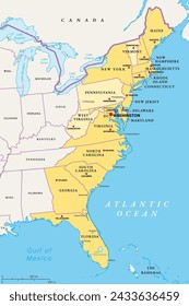 East or Atlantic Coast of the United States, political map. Eastern Seaboard states with coastline on Atlantic Ocean highlighted in yellow and States considered part of the East Coast in light yellow. svg