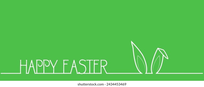 East card with bunny ears and greetings in English Happy Easter, Easter bunny is hiding, Vector illustration isolated on white background
