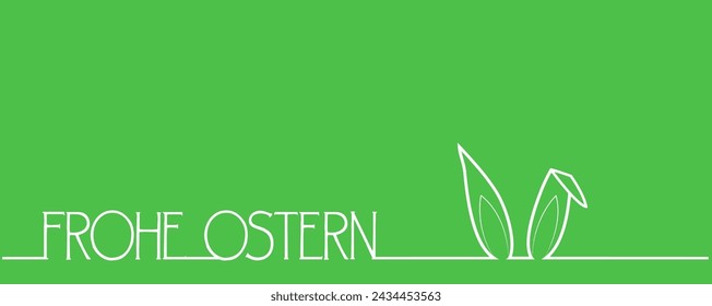 East card with bunny ears and greetings in German "Frohe Ostern" translated Happy Easter, Easter bunny is hiding, Vector illustration isolated on white background
