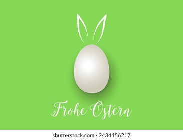 East card with egg, bunny ears and greetings in German "Frohe Ostern" translated Happy Easter, Easter bunny is hiding, Vector illustration isolated on white background
