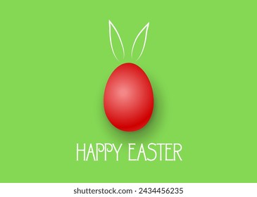 East card with egg, bunny ears and greetings in English Happy Easter, Easter bunny is hiding, Vector illustration isolated on white background
