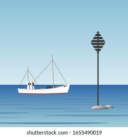 East Cardinal Mark and a Fishing boat. Sweden archipelago.  Vector Illustration
