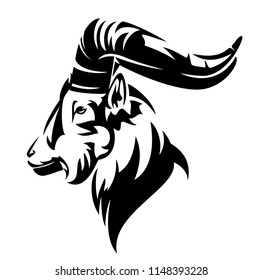 East Caucasian tur (Capra caucasica cylindricornis) profile portrait - mountain goat head black and white vector outline