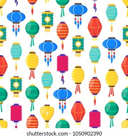 East Chinese Paper Street or House Color Lanterns Seamless Pattern Background on a White Decoration Ethnicity Hanging Lamp Illuminated. Vector illustration of China Lantern