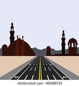 East city on the horizon. Direct road highway with markup. Dedicated lanes for public transport. Vector illustration