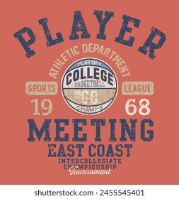 East coast college basketball championship player vintage vector artwork for kids boy t shirt grunge effect in separate layers