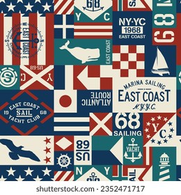 East coast nautical flags and sailing elements patchwork vector seamless pattern 