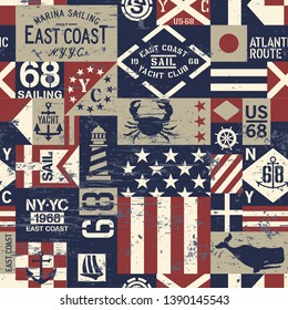 East coast Nautical flags and symbols patchwork vector seamless pattern grunge effect in separate layer