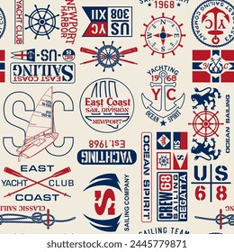 East coast nautical sailing badges and typography elements vintage vector seamless pattern for fabric print tablecloth pillow wallpaper wrapping