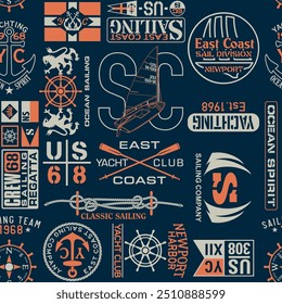 East coast nautical sailing badges and typography elements vintage vector seamless pattern for fabric print tablecloth pillow wallpaper wrapping