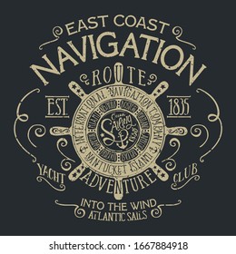 East coast Pacific sailing navigation vintage vector print for boy t shirt