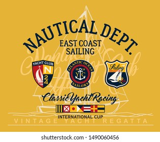 East coast sailing regatta yacht club vector print for children wear with applique yachting  badges