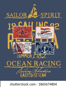 East coast sailing regatta yacht club vector print for children wear with applique textile yachting  labels