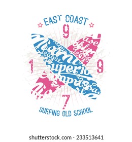 East coast surfing emblem in retro style. Graphic design for t-shirt