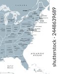 East Coast of the United States, gray political map. Also Eastern Seaboard, Atlantic Coast, and Atlantic Seaboard. The Region and coastline where the Eastern United States meets the Atlantic Ocean.