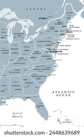 East Coast of the United States, gray political map. Also Eastern Seaboard, Atlantic Coast, and Atlantic Seaboard. The Region and coastline where the Eastern United States meets the Atlantic Ocean.