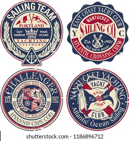 East Coast Yacht club sailing team, vintage vector badges collection grunge effect in separate layer