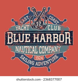 East coast yacht club sailing adventure vintage vector print for boy kid  t shirt grunge effect in separate layer