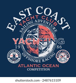 East coast yacht club sailing adventure vector print for kid boy man  shirt with applied embroidered patches