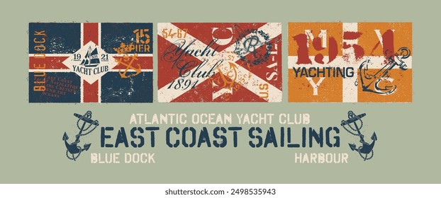 East Coast Yacht Club Segelteam Vintage Artwork für Boy-Man-T-Shirt mit grunge nautische Flagge Labels