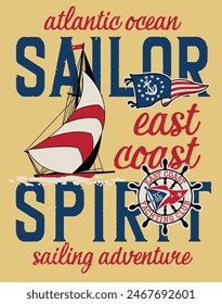 East coast yachting club sailing adventure  cute vintage vector print for children kid boy marine wear tee shirt with embroidery patches applique
