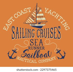 East Coast yachting sailing cruises cute vector print for children wear tee shirt