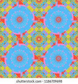 East culture, indian heritage, arabesque, persian motif. Seamless arabic geometric pattern. Vector traditional muslim background in blue, pink and green colors.