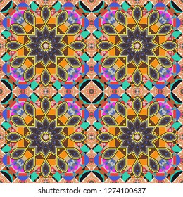 East culture, indian heritage, arabesque, persian motif. Vector traditional muslim background in blue, orange and brown colors. Seamless arabic geometric pattern.