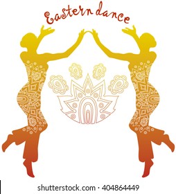 East Dance. Silhouettes of figures of two girls holding a dance on the background of the ornament. Arabic, Indian dance, belly dance.