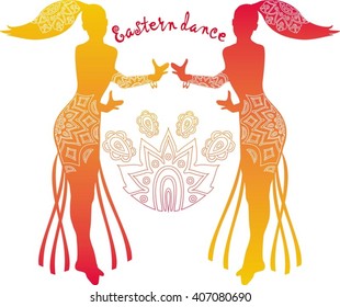 East Dance. Silhouettes of figures of two girls holding a dance on the background of the ornament. Arabic, Indian dance, belly dance.