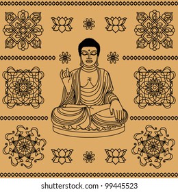 East decorations and a statue of Buddha on a beige background