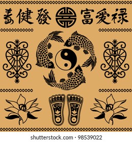 east decorative elements from a lotus, east symbols feng shui and foot of Buddha on a beige background