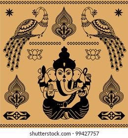 East decorative ornament of the deity Ganesha and birds on a beige background