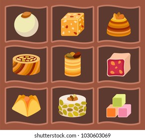 East delicious dessert sweets food eastern confectionery homemade assortment vector illustration cake tasty bakery assortment.