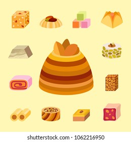 East delicious dessert sweets food eastern confectionery homemade assortment vector illustration cake tasty bakery assortment.
