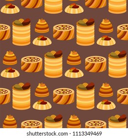 East delicious dessert sweets food eastern confectionery homemade assortment vector illustration cake seamless pattern background bakery assortment.