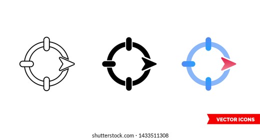 East direction icon of 3 types: color, black and white, outline. Isolated vector sign symbol.
