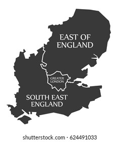 East of England - Greater London - South East England Map UK illustration