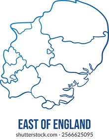 East of England region with administrative subdivisions. Abstract hand drawn simplified shape map. Soft blue gradient outline map to use for any purpose