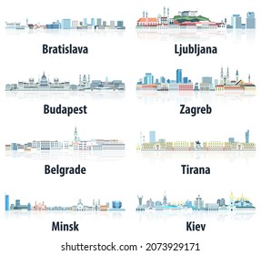 East Europe cities skylines in tints of blue color palette. Сrystal aesthetics style