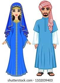 East fairy tale. Animation portrait of the Arab family in ancient clothes. Full growth. Vector illustration isolated on a white background.
