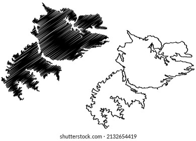 East Falkland island (Falkland Islands, South and Latin America, United Kingdom of Great Britain and Northern Ireland) map vector illustration, scribble sketch map