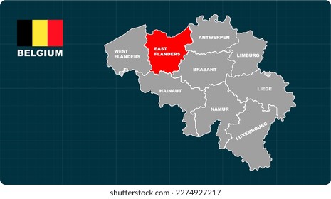 East Flanders Map, East Flanders red highlighted in 🇧🇪 BELGIUM 🇧🇪 map, flat design illustration vector