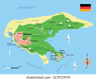 East Frisian islands. Borkum Island map in Germany. Vector illustration