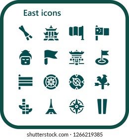  east icon set. 16 filled east icons. Simple modern icons about  - Chopsticks, Pagoda, Flag, China, Geisha, Flags, Wind rose, Compass, Vane, Bamboo, Tokyo, Windrose