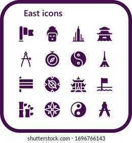 "east icon set. 16 filled east icons. Simple modern icons such as: Flag