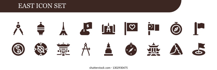  east icon set. 18 filled east icons.  Simple modern icons about  - Compass, Lantern, Tokyo, Flag, China, Yin yang, Pagoda, Temple, Samosa