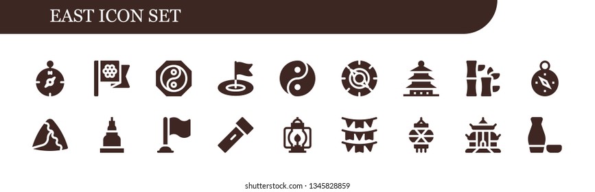 east icon set. 18 filled east icons.  Simple modern icons about  - Compass, Flags, Yin yang, Flag, Pagoda, Bamboo, Samosa, Temple, Lantern, Sake